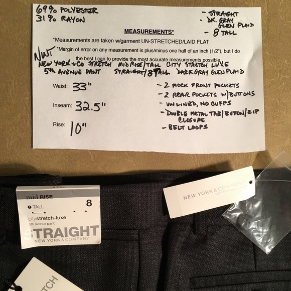 NEW YORK & COMPANY STRETCH 5th Ave. Pant, NWT, DARK GRAY GLEN PLAID, 8 TALL - Picture 8 of 8